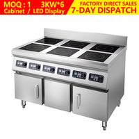 Table de cuisson à induction commerciale en acier inoxydable à 6 brûleurs, 18 kW, cuisinière à induction plate sur pied, commande par bouton, grande cuisinière à induction