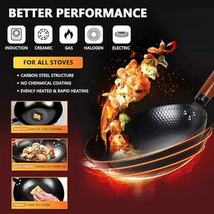 Venta al por mayor chino <span class=keywords><strong>Wok</strong></span> Pan antiadherente de acero al carbono de inducción <span class=keywords><strong>Wok</strong></span> hogar cocina freír <span class=keywords><strong>Wok</strong></span> de hierro con tapa de madera - Product Image 4