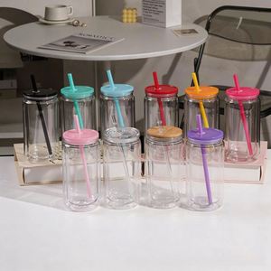 Custom Logo Glitter 16 oz Plastic Pre <b>Drilled</b> Hole Clear Double Wall Tumbler with Bamboo Lids Straws Snowglobe Cups for DIY - Product Image 5