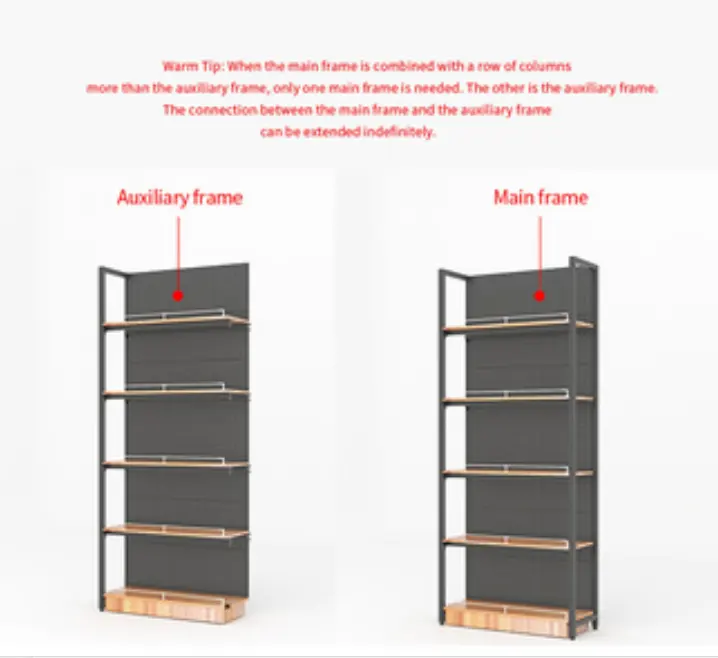 Dragonshelf ไม้และเหล็กโต๊ะโปรโมชั่นพร้อมชั้นวางผักผลไม้ซูเปอร์มาร์เก็ตลามิเนต