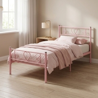 Lit plateforme romantique en métal, cadre de lit double avec motif cœur, aucun sommier tapissier nécessaire, montage facile pour chambre de fille