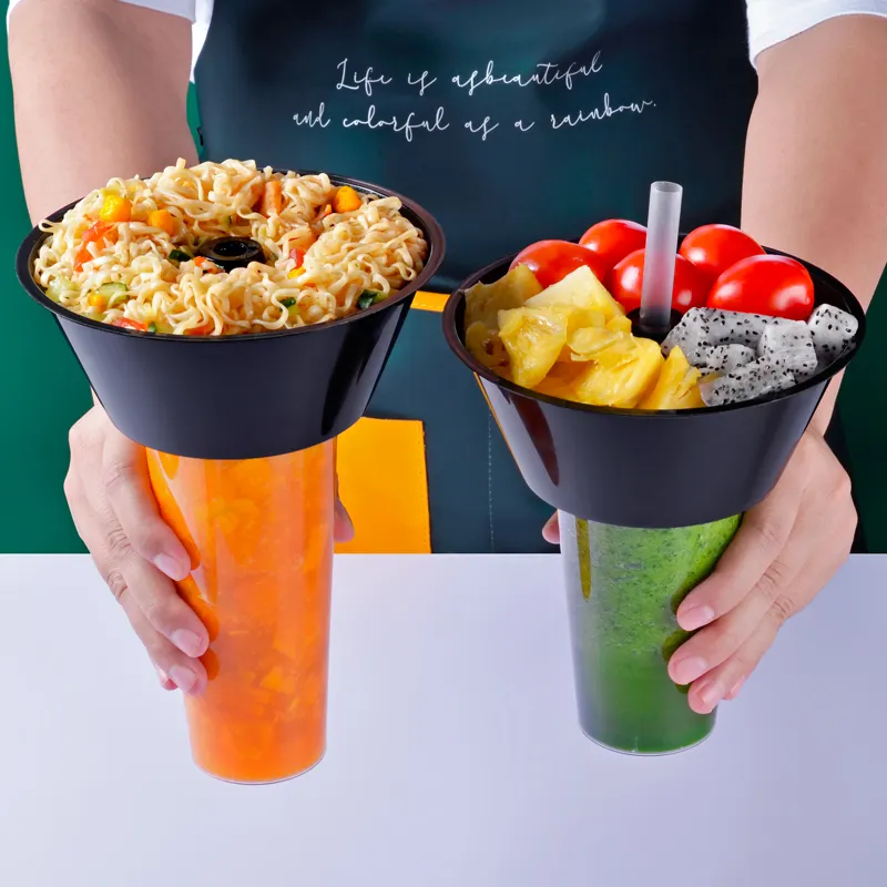 Custom disposable Plastic Containers for Fried Chicken Fries Snacks Can Drink While Eating Plastic Cups with Bowls and Straws