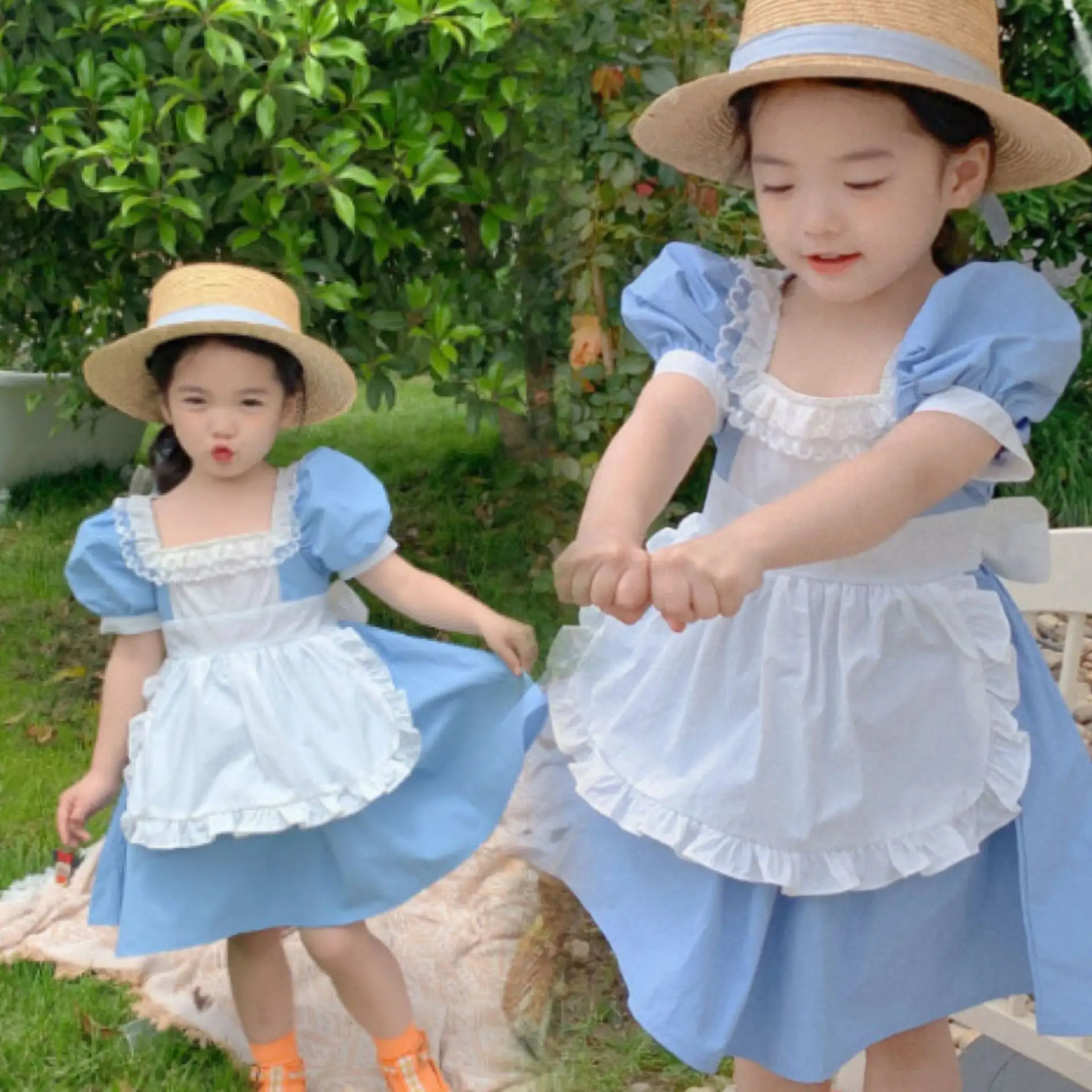 Robe d'été en dentelle coton style lolita pour fille, vêtement pour enfants, avec manches bouffantes, nouvelle collection