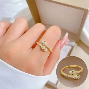 SC 2024 Fashion Jewelry Rings Hot Simple Opening Adjustable Green Eyes Small Snake Ring Plated Real Gold Rings for Women