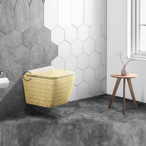 Inodoro suspendido de porcelana de 180 mm con sifón en P, acabado rugoso, color dorado, con tapa de asiento de cierre suave y sanitario - Product Image 2