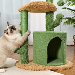 Perchas de felpa y bolas esponjosas para mascotas trepadoras, árboles modernos para gatos y rascador, árbol de madera para gatos Ca de 32 pulgadas, árbol de madera para gatos de Cactus - Product Image 5