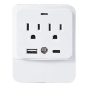 Plug-in Night Light with 2-Outlet Extender and 2 USB Ports 1000 Joules Dusk-to-Dawn Sensor Night Light 3-Outlet Surge Protector