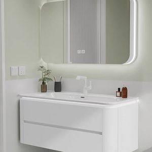 Pale green bathroom cabinet rounded-<b>corner</b> smart mirror cabinet white countertop washbasin suspended cabinet body - Product Image 2