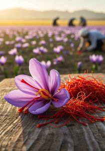 Fleur de crocus violette avec fils de safran rouge sur surface en bois - Product Image 2