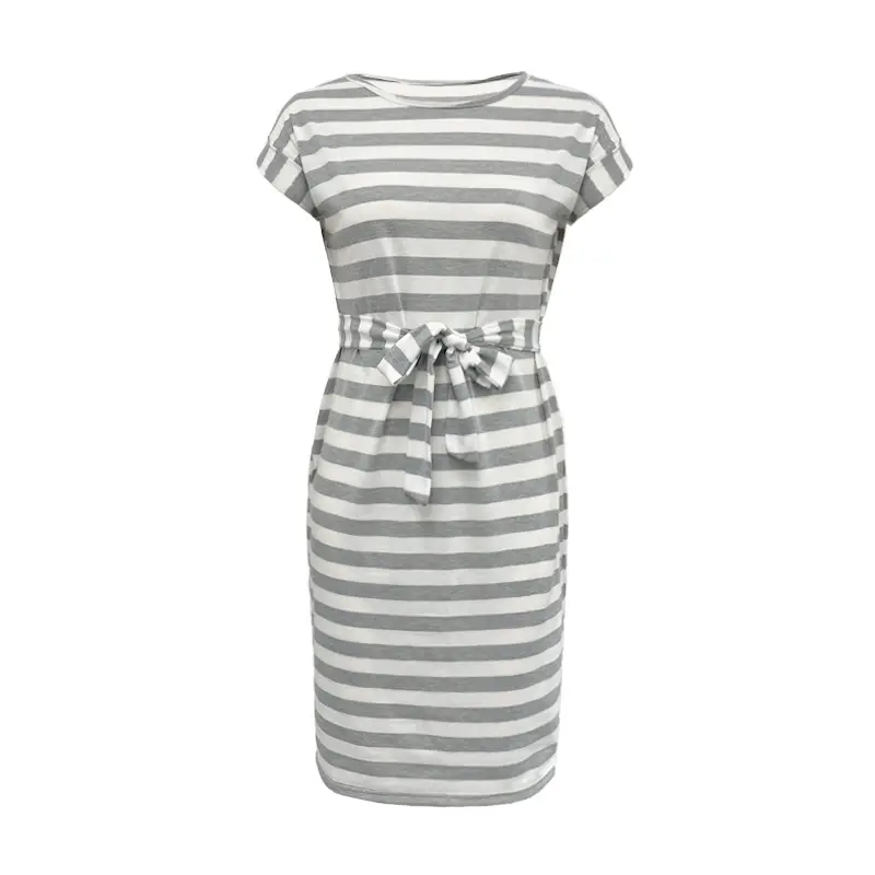 LS O-Neck Short Sleeve Striped Lace Up Belt Waist Slim Knee Length Min Dress Cotton Women Casual Summer Dress Dresses