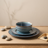 Service de table en céramique EKA Vintage, 12 pièces, glaçure réactive bleue avec rayures brunes, vente en gros OEM/ODM