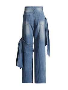 Jeans Femme Taille Haute Style Boyfriend Délavé Patchwork avec Nœud Respirant et Séchage Rapide Conception Cargo - Product Image 5