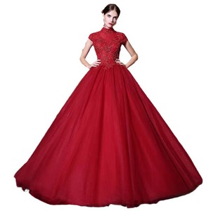 Claret Ball Gown Evening Dress High Neck Empire Waist Embroidery Long Puffy Skirt Women Formal Wear - Product Image 3