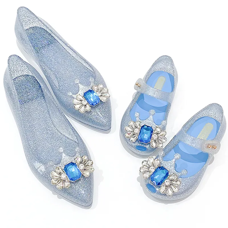 Lady Outdoor Sparkly Silver Diamond Crown Parent-child Elegant Shoes Slip on Summer Women Jelly Ballet Flat Sandal