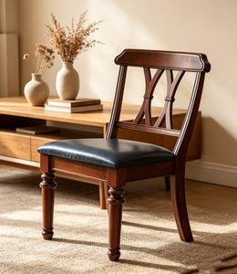 Vintage Mahogany Wood Living Room <b>Chair</b> Traditional Cross-<b>Back</b> Design with Black Leather Seat Modern Design Multi-Purpose - Product Image 3