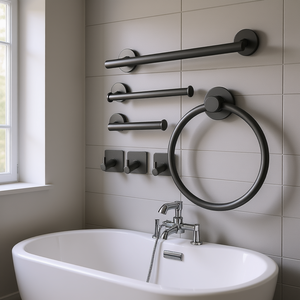 Ensemble d'accessoires de salle de bain en acier inoxydable à fixer au mur, 9 pièces, finition brossée, design minimaliste, porte-serviettes et anneau pour bain - Product Image 2