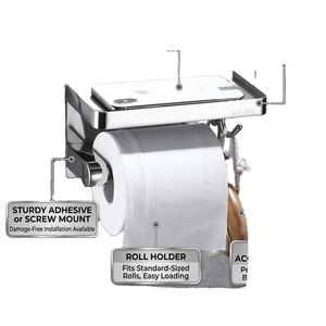 Porte-papier toilette moderne en acier inoxydable avec étagère pour téléphone et crochets, fixation murale pour salle de bain - Product Image 1