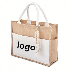 Custom logo Shopping Beach Lunch Holiday Gift Woven Handle Zipper Pocket <b>White</b> Jute Handbag for Women - Product Image 1