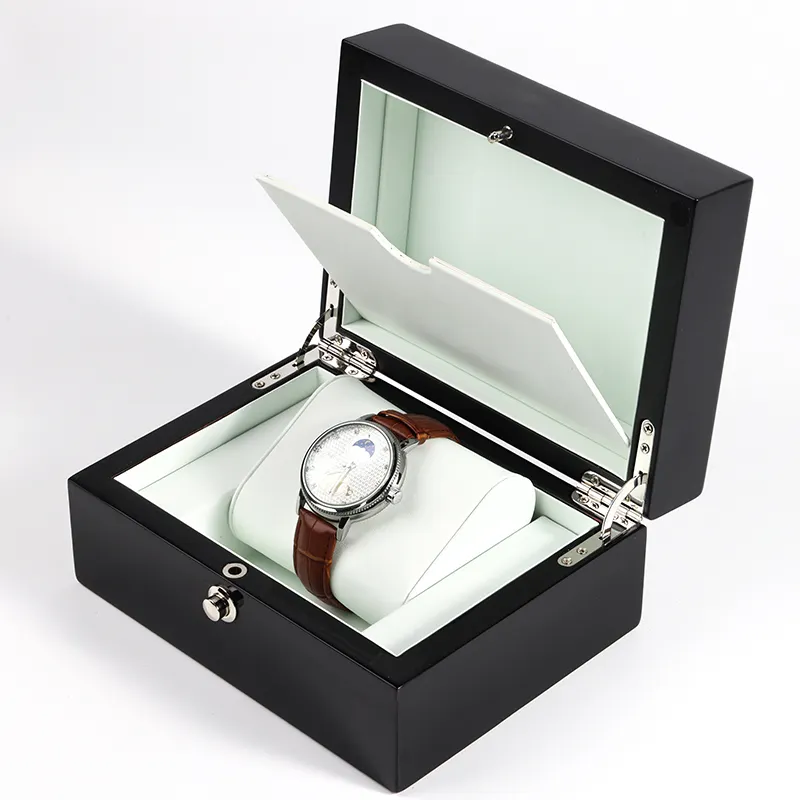 2024 Support individuelles Logo hölzerne Uhrenbox Luxus Klavierfarbe individuelles Logo braun schwarze Uhrenverpackungsbox Hülle