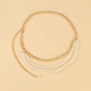 โซ่คาดเอวผู้หญิง ประดับมุกเทียม โซ่โลหะสีทอง หลายชั้น สวมใส่ได้ทุกวัน สไตล์ฮิปฮอป - Product Image 2