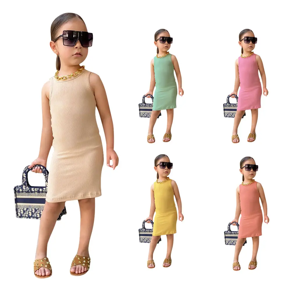 Wholesale Children's Summer Clothes Sleeveless Baby Crochet Dress Blank Kids Custom Solid One Piece Tank Dress For Girls