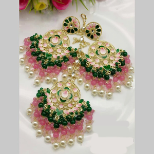 Designer Fine Gold Plated Kundan Meenakari Earrings with Beads and Maangtikka Bridal Jewelry Set - Product Image 5