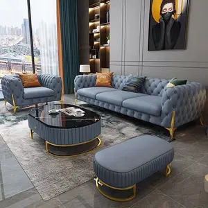 Sofa Mewah Ringan Furnitur Ruang Tamu Kelas Atas Sofa Kulit Asli Set Italia Stainless Steel Artistik Modern