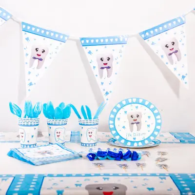 Kids birthday anniversary party supplies boys baby blue baby shower teeth party supplie set