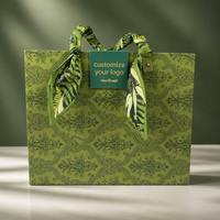 Boîte cadeau Leabon Green Damask pliable avec couvercle magnétique, logo personnalisé, ruban, poignée, emballage de luxe, vente en gros, usine