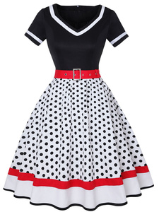 <span class=keywords><strong>Robe</strong></span> midi rétro vintage rockabilly à pois imprimée numériquement, col en V, ceinture, coupe trapèze, taille naturelle, style <span class=keywords><strong>pin</strong></span>-<span class=keywords><strong>up</strong></span> années 50, pour femmes rondes 4XL - Product Image 5