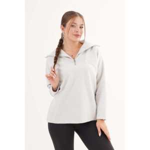 Suéter gris de punto para mujer al por mayor, con media cremallera, manga larga, informal y antipilling - Product Image 2