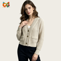 CG Damen Grobstrick V-Ausschnitt Cardigan mit Zopfmuster, Knopfleiste vorne, Kurze Strickjacke mit Taschen, Herbst-Winter-Strickwaren OEM ODM