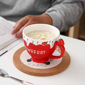 Wholesale underglaze ribbon embossed strawberry <b>ceramic</b> water <b>cups</b>, high-value office milk and oatmeal breakfast mugs - Product Image 1