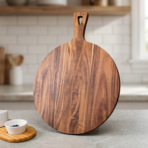 Planche à découper en bois d'acacia occidental (rond, 1,5 cm d'épaisseur) - Planche à pizza avec poignée 100% écologique - Product Image 4