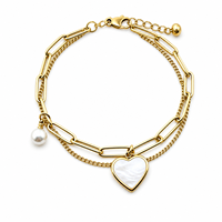Bracelet en acier inoxydable double couche avec perles en forme de cœur, maillons trombone dorés, bijou délicat unisexe