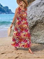 Robe longue vintage sans dos à bretelles fines imprimé feuilles, confortable pour l'été, idéale pour la plage et les vacances, légère