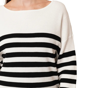 Customized Classic <strong>Black</strong> <strong>and</strong> <strong>White</strong> <strong>Stripe</strong> Relaxed Waffle Knit T-shirt Fashion Contrast Wide <strong>Stripe</strong> <strong>Long</strong> <strong>Sleeve</strong> Knit <strong>Top</strong> - Product Image 4