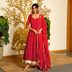 Red Traditional Indian Pakistani <b>Women</b> <b>Kurta</b> Set With Dupatta Loose Fit Ethnic Outfit Floor-Length Cotton Material All Seasons - Product Image 1