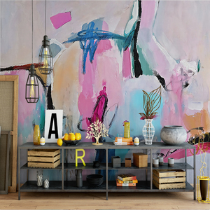 Mural de Arte Abstracto Moderno, Papel Tapiz de Seda Impermeable, Diseño de Pinceladas en Rosa y <span class=keywords><strong>Azul</strong></span> para <span class=keywords><strong>Apartamentos</strong></span>, Hoteles, Comedores y Dormitorios - Product Image 5