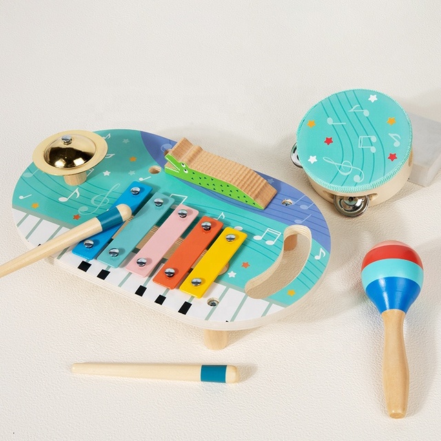 Wooden Multifunctional Musical Instrument Toys for Toddlers, Wooden Music Kit with Xylophone, Preschool Educational Musical Toys