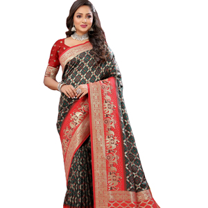 Saree en soie patola douce avec design Zari et Minakari Stunning Pallu avec bordure Minakari et glands pour la fête-Femmes - Product Image 1