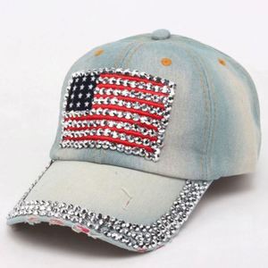 Casquette de baseball en jean vieilli non structuré, style vintage, avec strass drapeau américain, vente en gros - Product Image 4