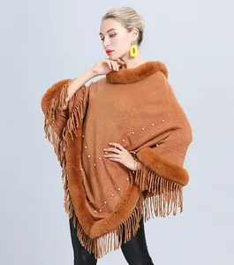 Wholesale High Quality Neck Warm Pullover Poncho Fur Collar Scarf Blanket With Tassels Winter Capes Shawls For Women