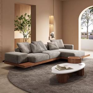 Sofá modular en forma de L con estructura de madera maciza, tela beige y relleno de espuma para la decoración del salón del hogar. - Product Image 3