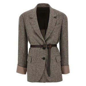 Blazer <span class=keywords><strong>de</strong></span> tweed marrón con cinturón y puños a cuadros para mujer, estilo oversize, personalizado OEM, para ropa <span class=keywords><strong>de</strong></span> marca privada - Product Image 2