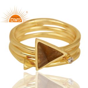 White Zircon Smoky Quartz Ring Gemstone Designer Ring Yellow Gold Plated Silver Stackable Ring Jewelry Supplier - Product Image 2