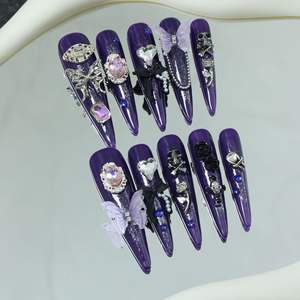 Uñas acrílicas artesanales al por mayor, uñas postizas de cobertura completa en forma de lágrima, diseños con brillantina y pedrería, personalizables. - Product Image 3