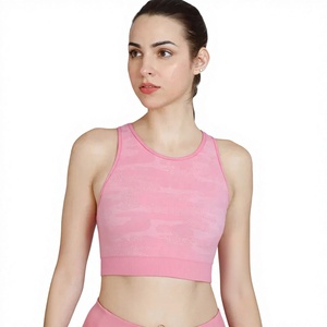 Ensemble de yoga 2 pièces pour femme, sans couture, en Spandex/Polyester, avec logo personnalisé sur le devant, col rond uni, bretelles non ajustables, taille mi-haute élastique, pour entraînement intensif - Product Image 2