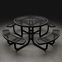 Table de pique-nique ronde noire de 78 pouces pour l'extérieur avec chaises, ensemble robuste pour jardin/terrasse/camping avec bancs, en métal expansé