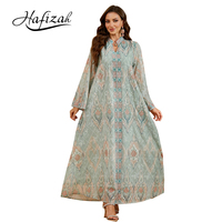 Kaftan Abaya Marocain à Imprimé Ethnique, Robe Musulmane de Dubaï, Vente en Gros, Motifs Géométriques Floraux, Col en V, Ramadan Aïd 2026, Direct Usine